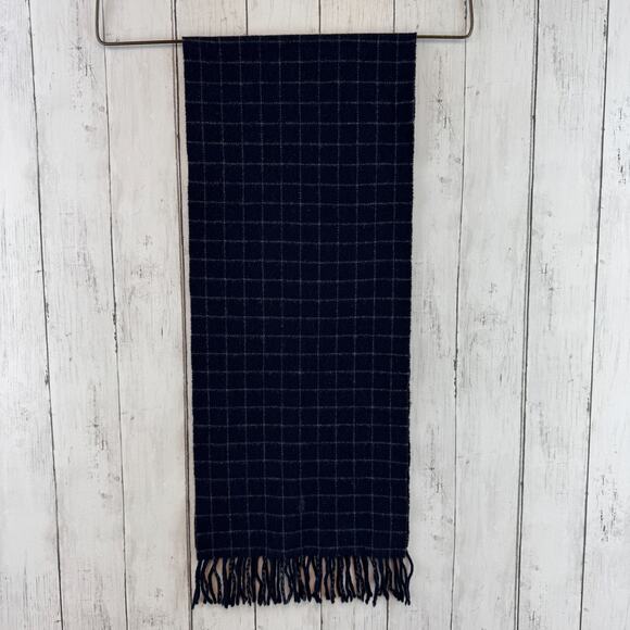 VTG 90's Polo Ralph Lauren Navy Blue Windowpane Plaid Lambswool Fringe Scarf - Picture 8 of 11